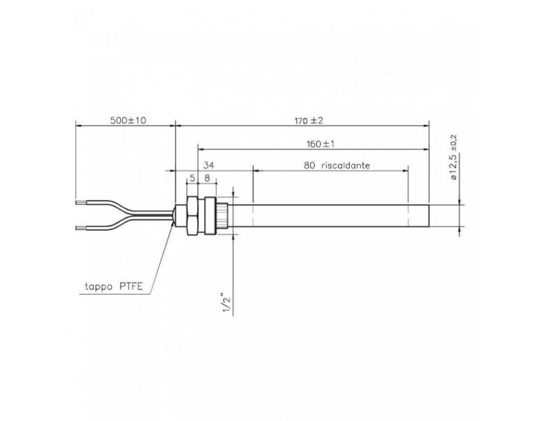 RESISTENZA CANDELETTA HT62663 diametro 12,5 x 160mm 350W RACCORDO 1/2"